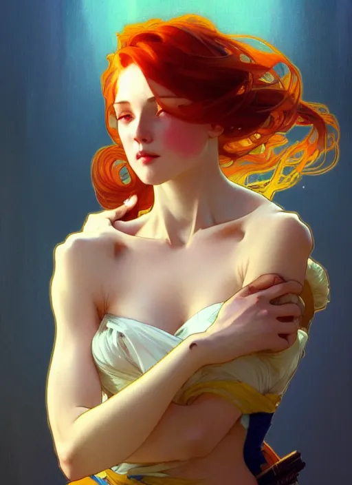 Prompt: digital character concept art by artgerm and greg rutkowski and alphonse mucha. clear portrait of a pin - up young wife, redhead, blue and yellow clothes, shabby, defiant, light effect, 8 k, hyper detailed, intricate, elegant, digital painting, artstation, smooth, sharp focus