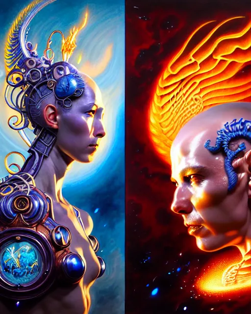 Prompt: a portrait of gemini water and fire fantasy character portrait facing each other, ultra realistic, wide angle, intricate details, the fifth element artifacts, highly detailed by peter mohrbacher, hajime sorayama, wayne barlowe, boris vallejo, aaron horkey, gaston bussiere, craig mullins