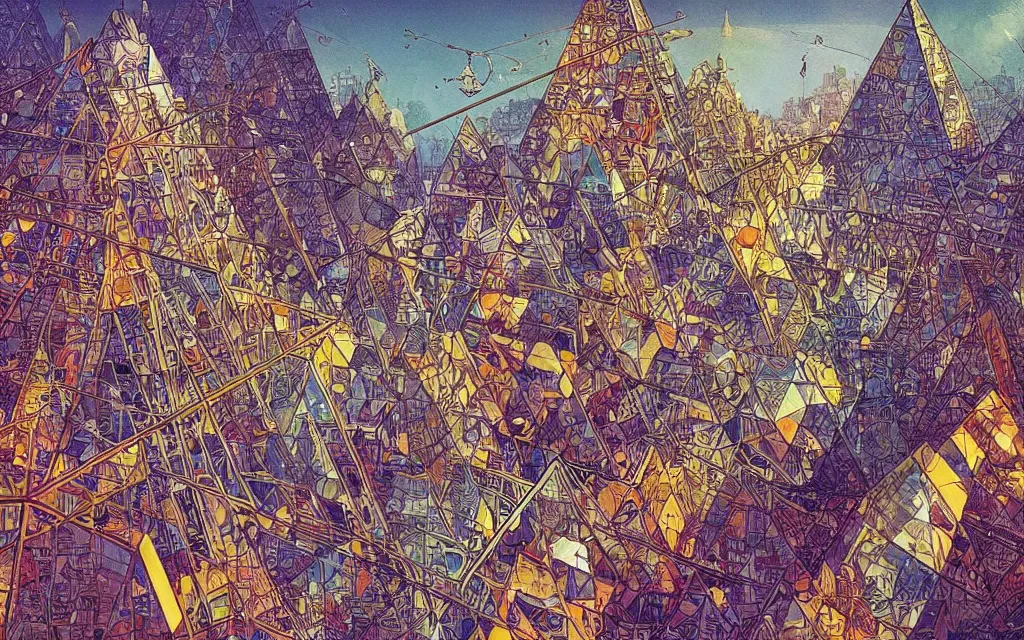 Prompt: triangles and city skylines. retro art by jean giraud. fibonacci. by brian froud, yoshitaka amano, kim keever, victo ngai