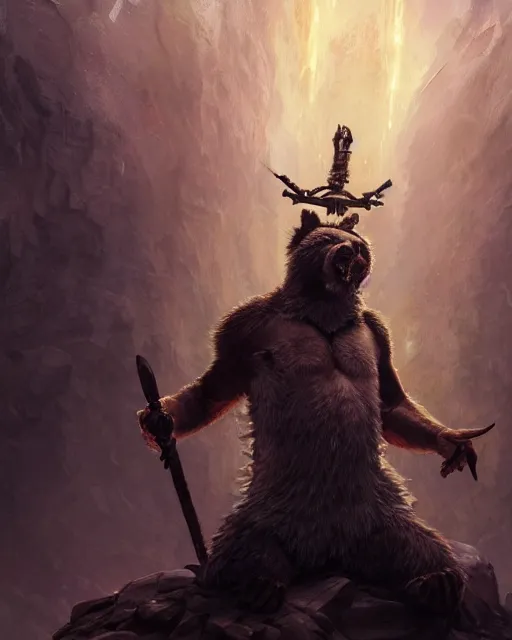 Image similar to Laughing Bear Musician, Warrior, magic the gathering artwork, D&D, fantasy, cinematic lighting, centered, symmetrical, highly detailed, digital painting, artstation, concept art, smooth, sharp focus, illustration, volumetric lighting, epic Composition, 8k, art by Akihiko Yoshida and Greg Rutkowski and Craig Mullins, oil painting, cgsociety