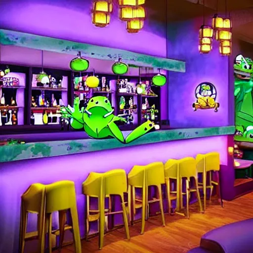 Prompt: cute frog themed bar, pokemon anime scene,