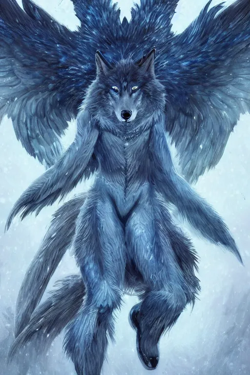 Image similar to blue wolf with wings, standing facing front, regal, elegant, winter, snow, moonlit, hd, illustration, epic, d & d, fantasy, intricate, elegant, highly detailed, digital painting, artstation, concept art, smooth, sharp focus, illustration, wallpaper, art by artgerm and greg rutkowski and alphonse mucha and jin xiaodi