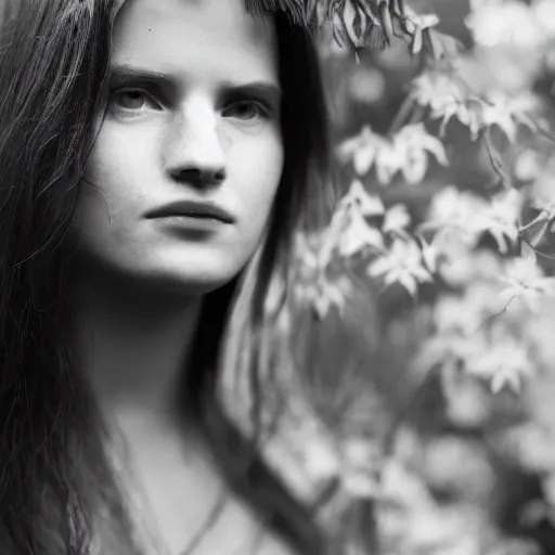 Prompt: ultraviolet spectrum portrait of a young woman in the garden, facial closeup, Ultra-Achromatic-Takumar 85mm F4.5, Baader U Venus filter, iso 800, f/4.5