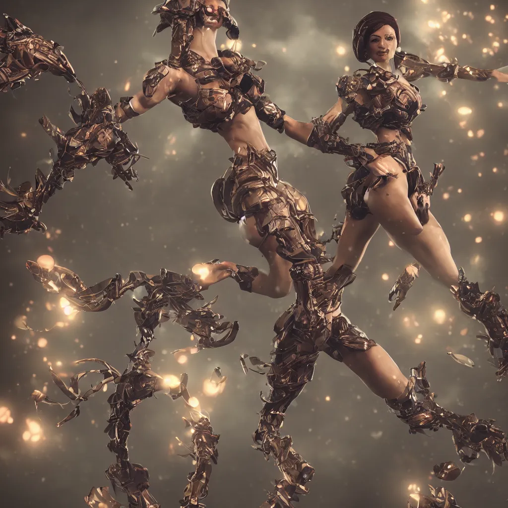 Image similar to female game character with multiple arms, highly detailed, octane render, bokeh