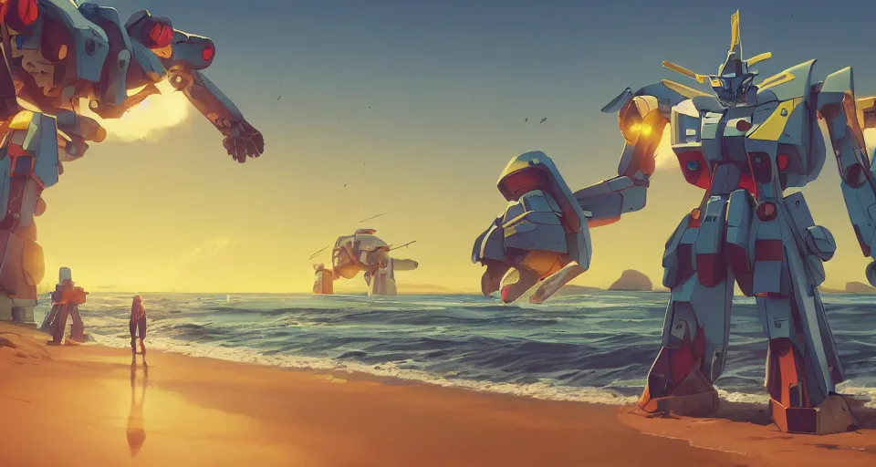 Image similar to A serene coast with a GIANT MECHA GUNDAM, wizard, bright sunny waves splashing on the beach, rendered by Simon Stålenhag, rendered by Beeple, Makoto Shinkai, syd meade, environment concept, digital art, Gundam style, Star Wars, unreal engine, 3 point perspective, WLOP, trending on Artstation, low level, 4K UHD image, octane render, DALL-E 2