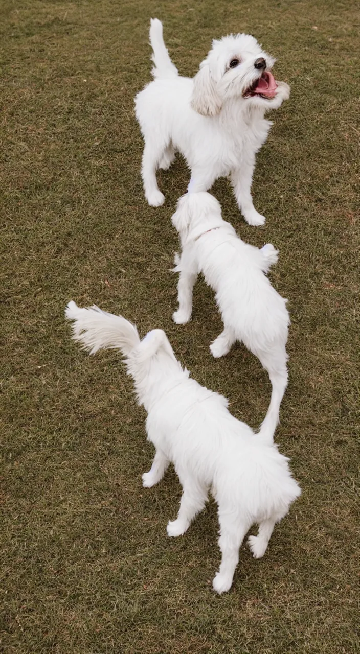 Image similar to photo of maltese puppy dog standing on hind leg begging for food, photorealistic