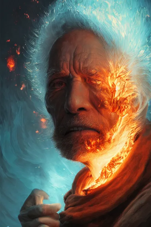 Image similar to the look of an elderly person, necromancer, witch - doctor covered with fire exploding into ice, full of wrinkles and imperfections by artgem and greg rutkowski, highly detailed, high contrast, light reflection, trippy, nebula, trending on artstation