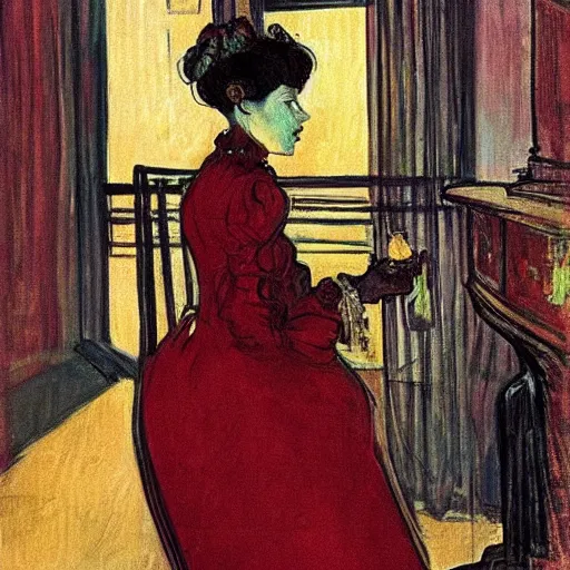 Prompt: beautiful dark young princess in style of toulouse - lautrec very dark red dress, black hair in braids, sitting on an ornate throne, drinking coffee with a dark room behind her, and a fireplace