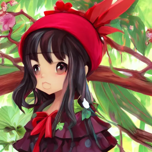 Prompt: a artstation of reimu in the jungle wearing bonnet