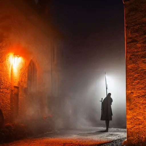 Prompt: a small medieval village at night time, orange glowing light filters out through the windows of the houses and a thin mist has settled around them, a lone guard stands watch armed with a spear and a flaming torch, dramatic, dark moody lighting, high quality