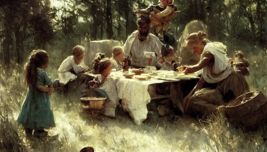 Prompt: simple villager and children about to eat a meal together, art by anders zorn, wonderful masterpiece by greg rutkowski, beautiful cinematic light, american romanticism thomas lawrence, greg rutkowski