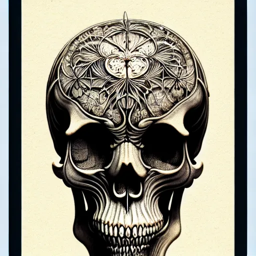 Image similar to art forms of nature by ernst haeckel, memento mori by arthur rackham, ornate antique porcelain beautiful skull mask, ultrasharp, photorealistic, hyperdetailed, octane render, polished, art nouveau, neo - gothic, gothic, intricate ornamental organic filigree, art nouveau botanicals, art forms of nature by ernst haeckel, horizontal symmetry, symbolist, visionary