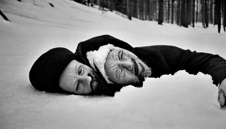 Prompt: 1 9 6 0 s movie still close up of marcus aurelius ill frozen lay on the snow by the side of a river with gravel, pine forests, cinestill 8 0 0 t 3 5 mm b & w, high quality, heavy grain, high detail, texture, dramatic light, anamorphic, hyperrealistic, detailed hair, foggy