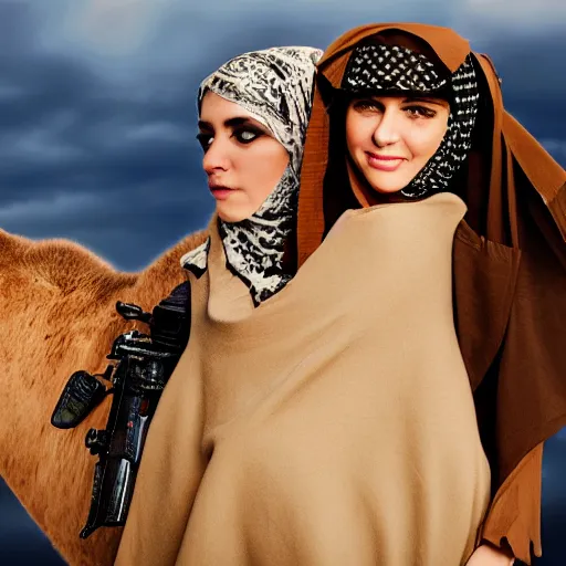 Prompt: anna forsterling and saul bromberger, yulia nevskaya, pulitzer, photorealistic, detailed details / woman wear burqa ride camel and handling gun