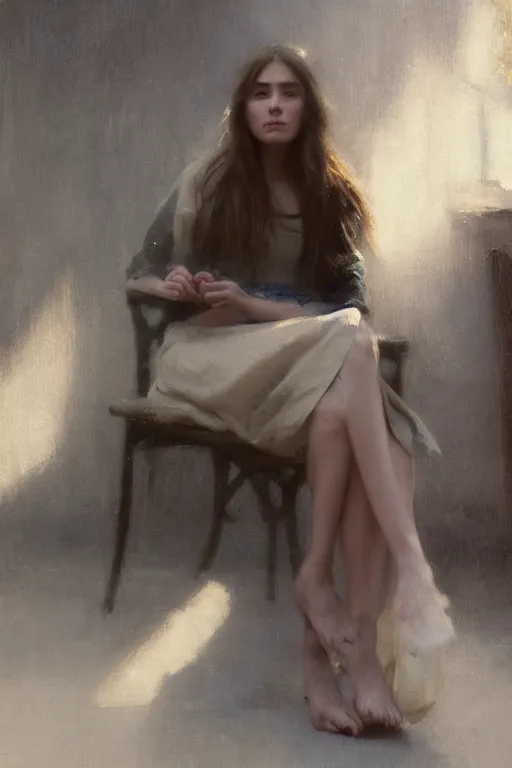 Prompt: girl with long hair, summer dress, sitting on designer chair, dramatic light, cinematic, 8 k, by jeremy lipking, jeremy mann, ron hicks, casey baugh