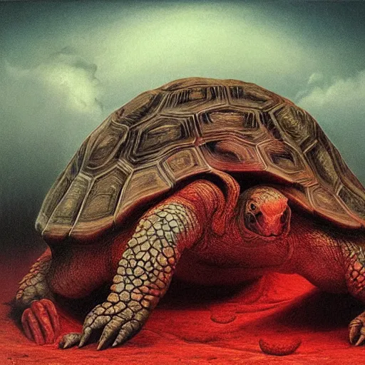 Prompt: A tortoise covered in blood, roaring in antipication of death, style of keith thompson, laurie lipton, Zdzisław Beksiński