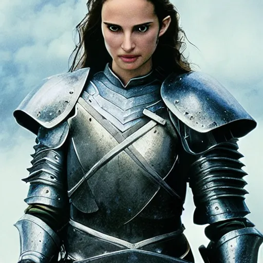 Image similar to a still from “ lord of the rings ” of a head and shoulders portrait of natalie portman as a heavily armored paladin, photo by phil noto