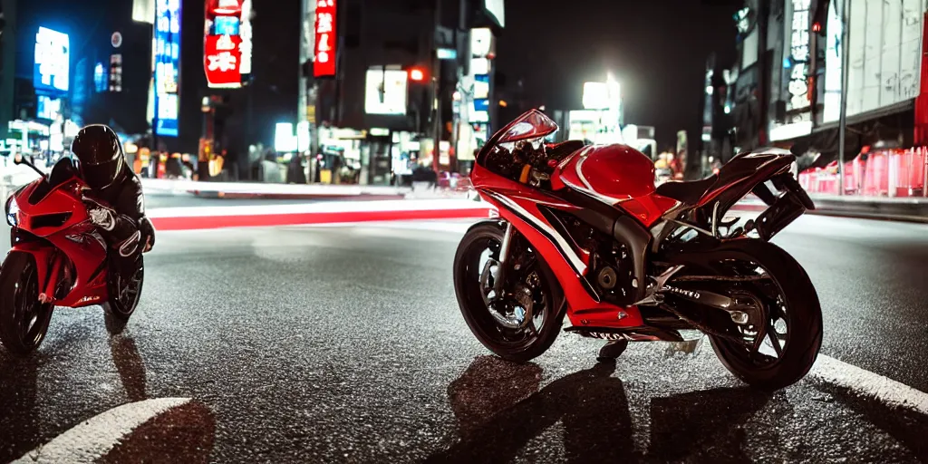 Prompt: Honda CBR600rr with blood vinyil in the middle of a road on the night Tokyo, blue color grading, cinematic color grading , unreal 5, hyperrealistic, realistic, photorealistic, dynamic lighting, highly detailed, cinematic landscape, studio landscape, studio lighting