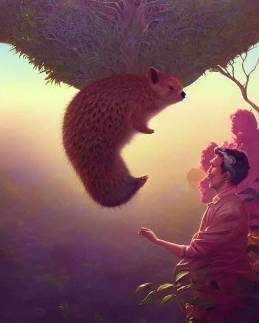 Image similar to highly detailed surreal vfx portrait of a sacred quokka, stephen bliss, unreal engine, greg rutkowski, loish, rhads, beeple, makoto shinkai and lois van baarle, ilya kuvshinov, rossdraws, tom bagshaw, alphonse mucha, global illumination, detailed and intricate environment