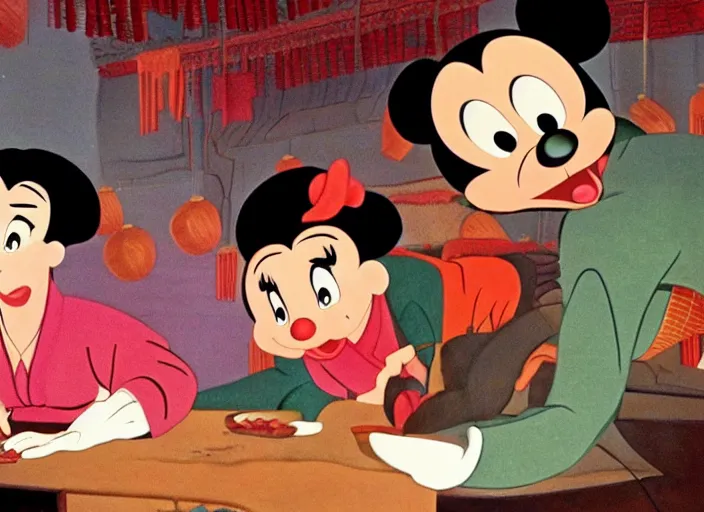 Image similar to a film still from the animation the chinese market ( 1 9 8 0 ) directed by walt disney, oscar winning animation, award winning