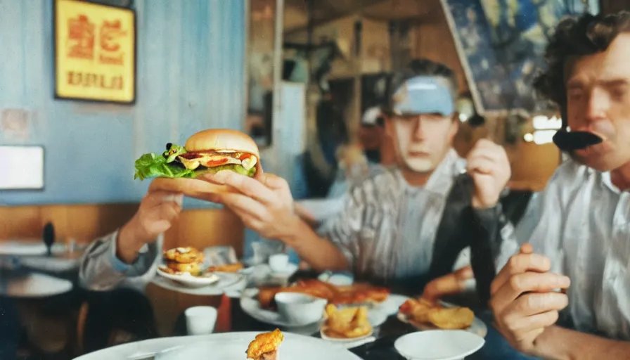 Prompt: blue customer eating red hamburger in yellow restaurant, film camera