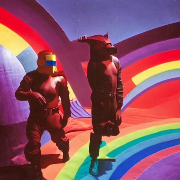 Image similar to two time generals wearing flight masks and red rick owens flight suits inside the glowing geometric rainbow portal to the sixth dimension by frank frazetta