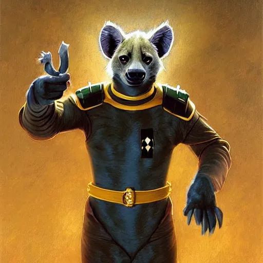 Image similar to a portrait of a hyena hyenaman canine star trek in a starfleet uniform chief engineer. zootopia fursona furaffinity furry art detailed face highly detailed painting by gaston bussiere craig mullins jc leyendecker gustav klimt artgerm greg rutkowski furry