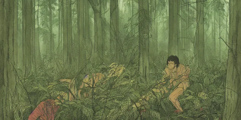 Prompt: beautiful tense illustration of an apocalyptic scene, a man sneaking through a lush green forest, stephen king atmosphere, 1 9 8 0 s japanese illustrator art, award winning