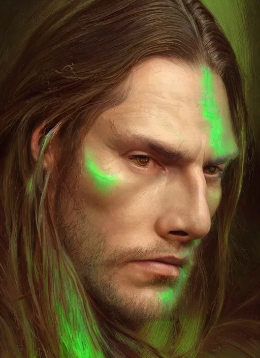 Image similar to a shaman in his twenties with long light brown hair tied back, light green eyes, a large forehead, a widows peak and a round face with high cheekbones as a realistic d & d fantasy character, portrait art by donato giancola and greg rutkowski, vintage retro, realistic face, digital art, trending on artstation