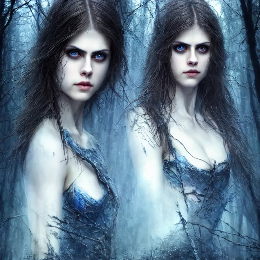 Image similar to photo of a gorgeous nordic female, covered in blue blood, in a dark forest, alexandra daddario face!, realistic, sharp focus, 8 k high definition, insanely detailed, intricate, elegant, art by stanley lau and artgerm, luis royo, greg kutkowski