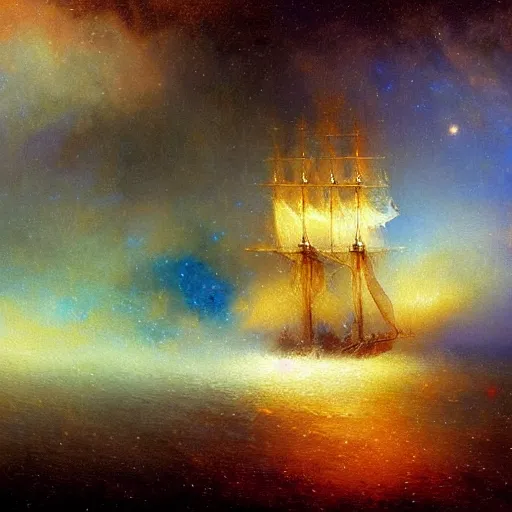 Prompt: sailing ship, cosmic nebula, artstation, by andrea rocha, by ivan aivazovsky, by john harris, impressionism, watercolor, dramatic scenery, hdr