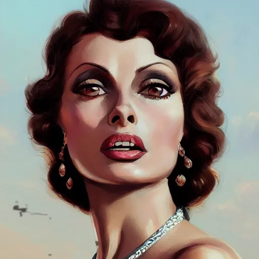 Image similar to closeup portrait of a young sophia loren as a 1 9 2 0 s femme fatale, city background, megacity, high fantasy, dramatic light, gorgeous view, depth, high detail, digital art, painted by greg rutkowski, trending on artstation