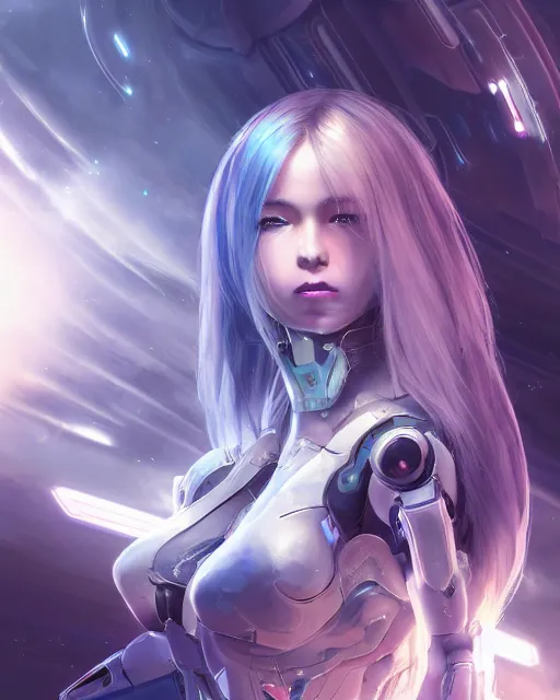 Prompt: perfect android girl on a mothership, warframe armor, beautiful face, scifi, futuristic, galaxy, nebula, raytracing, dreamy, long white hair, blue cyborg eyes, sharp focus, cinematic lighting, highly detailed, artstation, innocent, art by gauthier leblanc, kazuya takahashi, huifeng huang