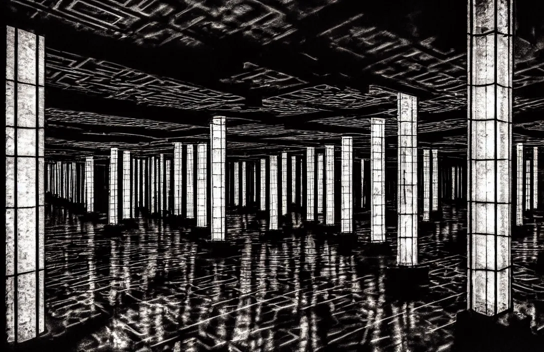 Image similar to implicit link is made between implicit link is made between intact flawless ambrotype from 4 k criterion collection remastered cinematography gory horror film, ominous lighting, evil theme wow photo realistic postprocessing pillars of light surveillance footage pieter s aenredam building by frank lloyd wright