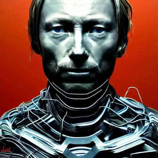 Image similar to collages, hyper realistic, many variations of very old thom yorke, face variations, statue of ultron by jama jurabaev, very long shot, cybernetic, high quality, brush stroke