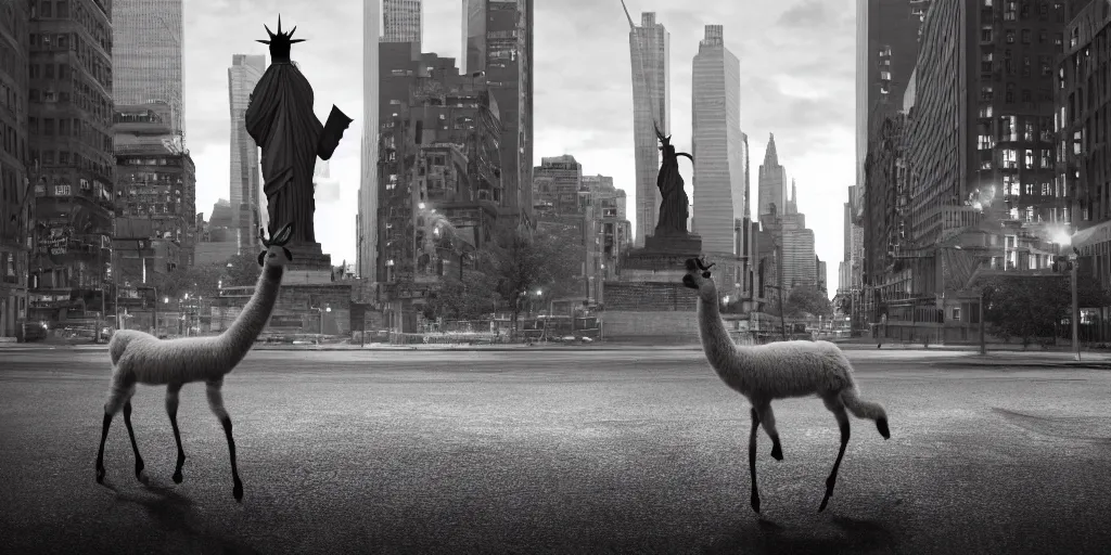 Image similar to a llama walking away from the camera into a desolate manhattan city street at night, statue of liberty seen in the background, realistic 4 k octane beautifully detailed render, 4 k post - processing, highly detailed, detailed face, intricate complexity, epic composition, magical atmosphere, cinematic lighting, masterpiece, ultra hd