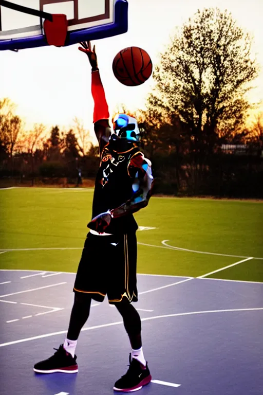 Image similar to lebron james playing basketball outside at sunset