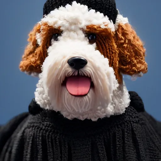 Image similar to a closeup photorealistic photograph of a cute smiling knitted bernedoodle judge dog dressed in a black gown, presiding over the courtroom. professional capture, well lit shot. this 4 k hd image is trending on artstation, featured on behance, well - rendered, extra crisp, features intricate detail, epic composition and the style of unreal engine.