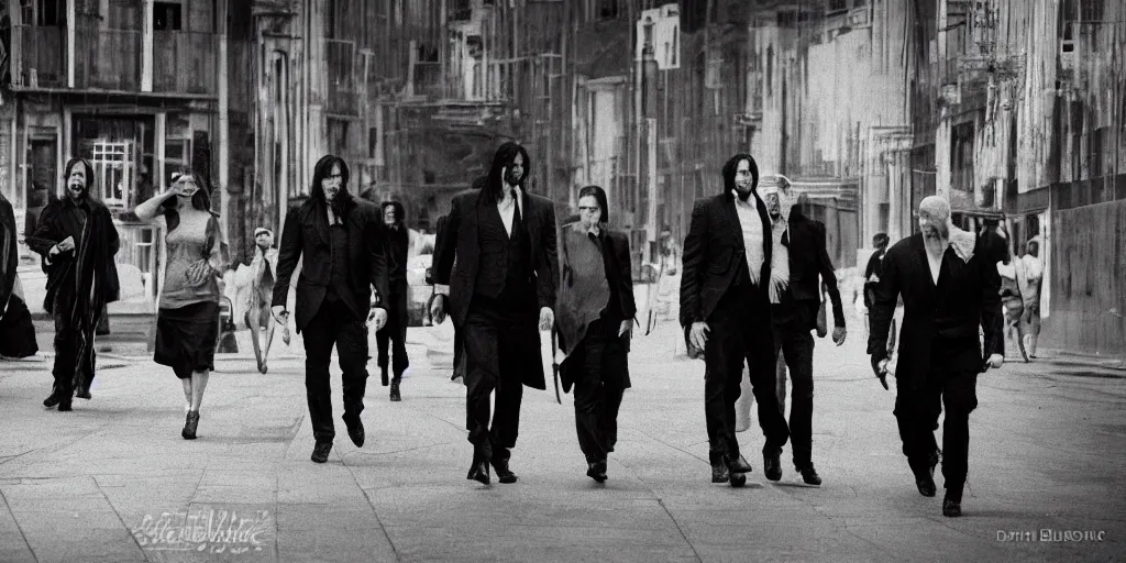 Image similar to John Wick, a black and white photo of a group, an album cover by David Gilmour Blythe, pinterest, bauhaus, tesseract, composition, national geographic photo, flemish baroque