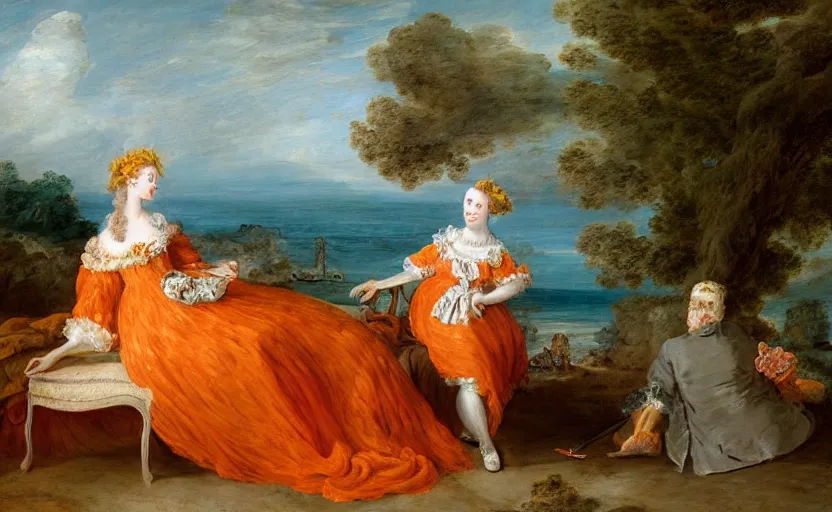 Image similar to oil painting of a house made of cheetos, beach in the background, rococo style, in the style of antoine watteau, johann baptist zimmerman, extremely detailed