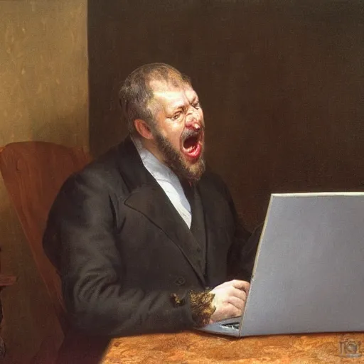 Image similar to an angry man yells at his computer monitor, oil on canvas, 1 8 8 3, highly detailed