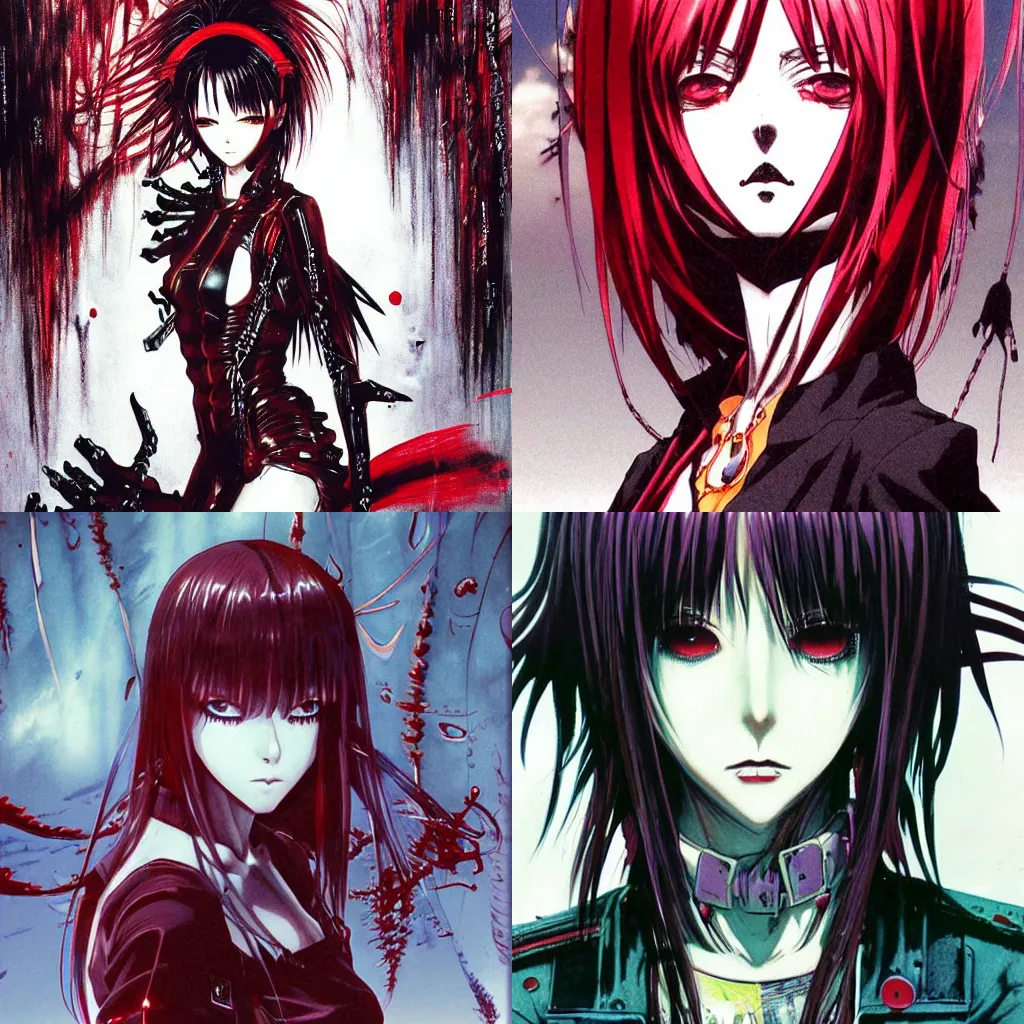 Prompt: highly detailed coherent professional 9 0 s seinen anime art of badass goth woman with red hair, black makeup, and red eyes. chunibyo. horror postcyberpunk action manga cover promotional art. detailed and intricate environment. drawn by ilya kuvshinov and painted by zdzislaw beksinski, pencils by tsutomu nihei