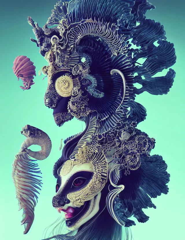 Image similar to 3 d goddess close - up frontal portrait with ram skull. beautiful intricately detailed japanese crow kitsune mask and clasical japanese kimono. betta fish, jellyfish phoenix, bio luminescent, plasma, ice, water, wind, creature, artwork by tooth wu and wlop and beeple and greg rutkowski