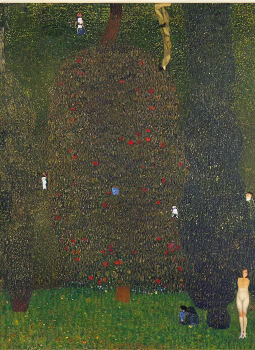 Prompt: a landscape painting of a cognitive optical illusion of trees, with four people in the foreground making extreme dynamic poses painted by gustav klimt