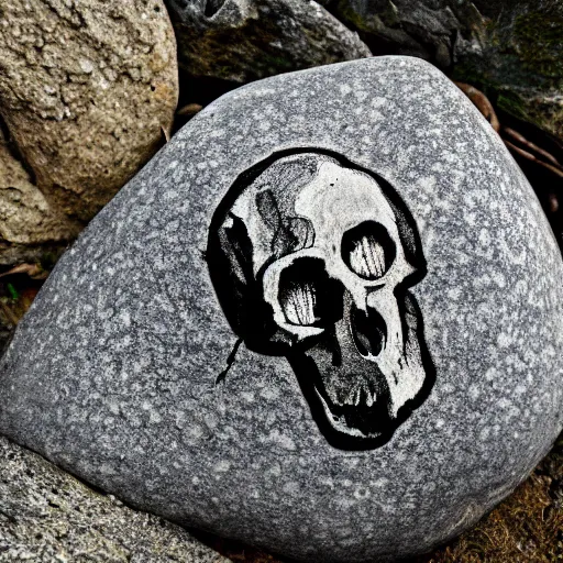 Prompt: a rock with a skull painted on it, photography,