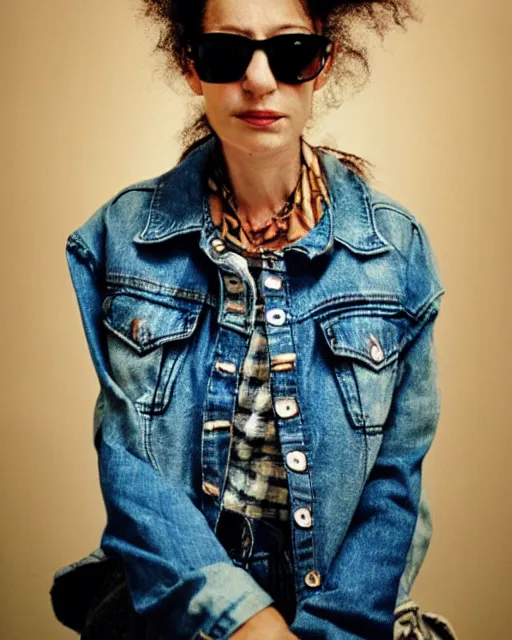 Prompt: photo of a woman by Annie Leibovitz, punk, jean jacket, Halter-top, face, cute, shaded lighting, beautiful, plaid