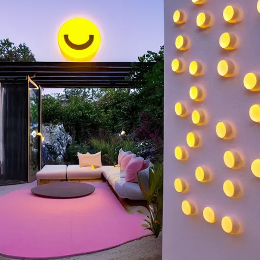Image similar to An ultra high definition, professional photograph of an outdoor partial IKEA showroom inspired sculpture with a smiley face white dot matrix light sign located on a pastel pink beach ((with pastel pink, dimpled sand where every item is pastel pink. )) The sun can be seen rising through a window in the showroom. The showroom unit is outdoors and the floor is made of dimpled sand. The showroom unit takes up 20% of the frame. A square dot matrix sign displays an emoji somewhere in the scene. Morning time indirect lighting with on location production lighting on the showroom. In the style of wallpaper magazine, Wes Anderson.