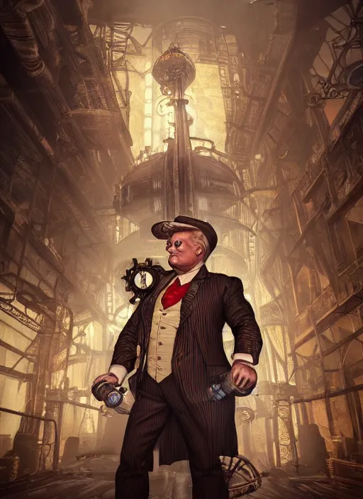 Image similar to steampunk bioshock donald trump is a muscular bodybuilder, au naturel, hyper detailed, digital art, trending in artstation, cinematic lighting, studio quality, smooth render, unreal engine 5 rendered, octane rendered, art style by klimt and nixeu and ian sprigger and wlop and krenz cushart.