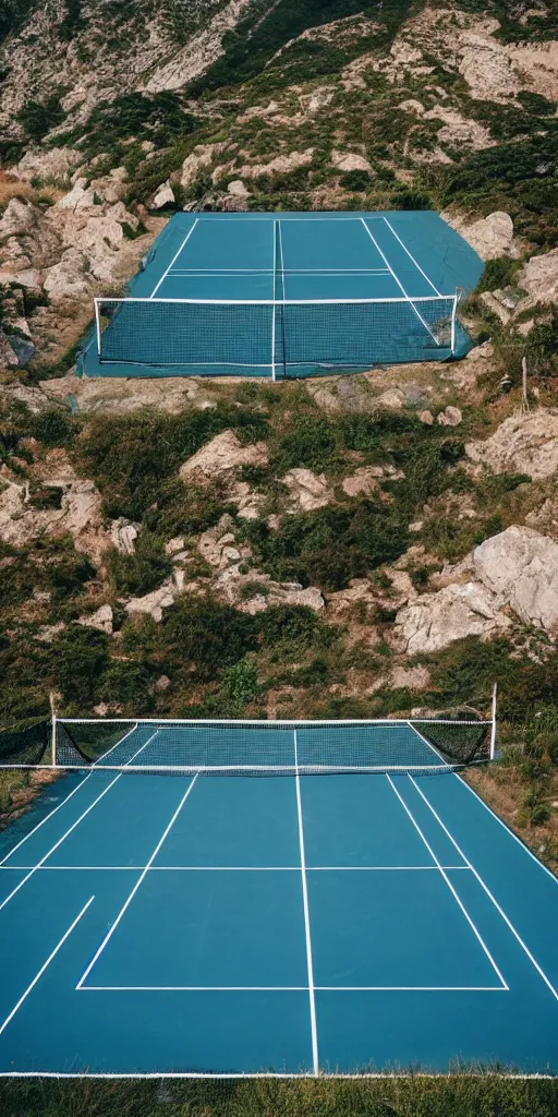 Image similar to Tennis court between mountains and sea. the style of National Geographic magazine