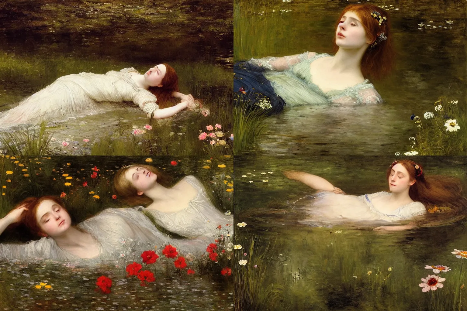 Prompt: a beautiful portrait of a young ophelia, floating drowned, immersed in the dark waters of a river with closed eyes, surrounded by high green grass and many fine flowers, wearing a nicely crafted antique dress, by sir john everett millais, realistic, hyperdetailed, ethereal, sad, masterpiece, oil painting